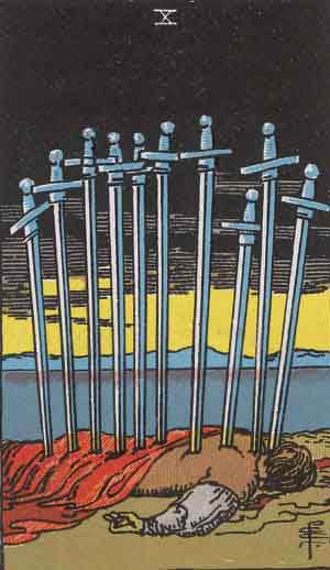The Ten of Swords tarot card. A person lies face down on the ground, draped in red fabric, with ten long swords piercing their back. Above them is a pitch-black sky, while a strip of yellow light glows on the horizon over a calm blue sea.